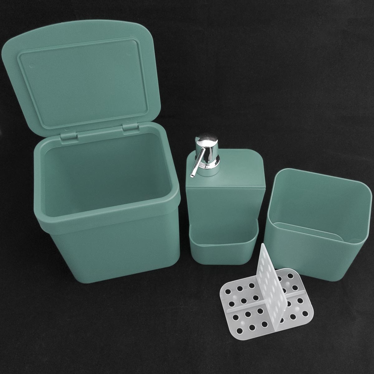 Kit Escorredor Louça Talheres Porta Detergente E Lixeira Ou Verde Menta