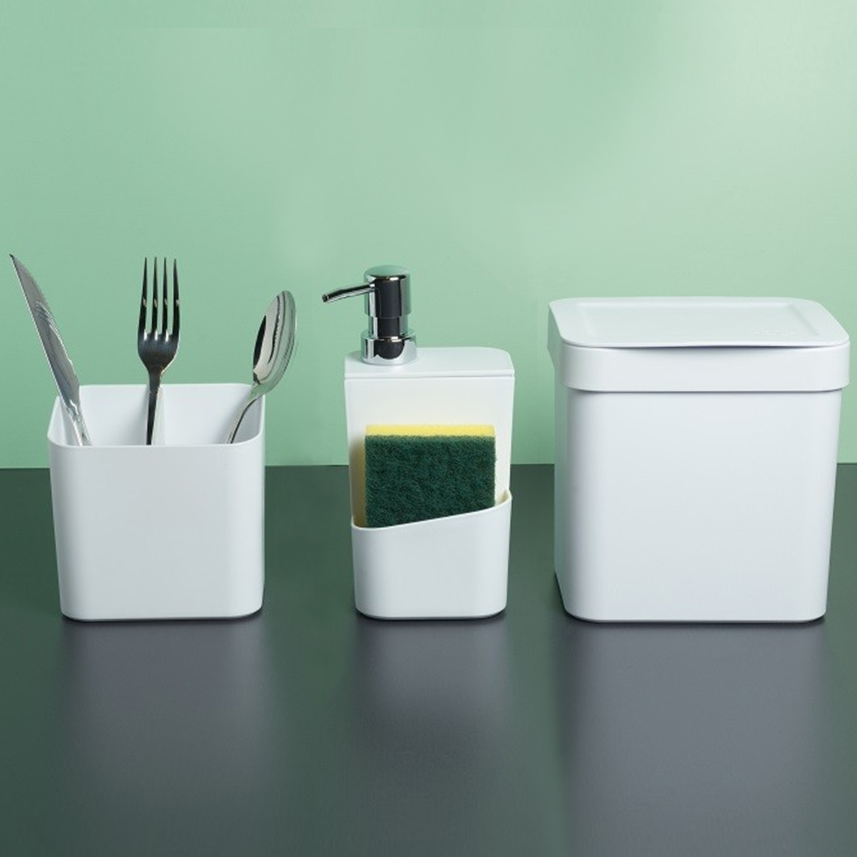 Kit Escorredor Porta Talheres e Dispenser Detergente Sabão Líquido Branco Ou