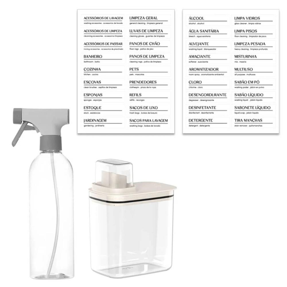 Kit Flow Borrifador Multiuso Dispenser Sabão Líquido Amaciante e Etiquetas Identificadoras Ou