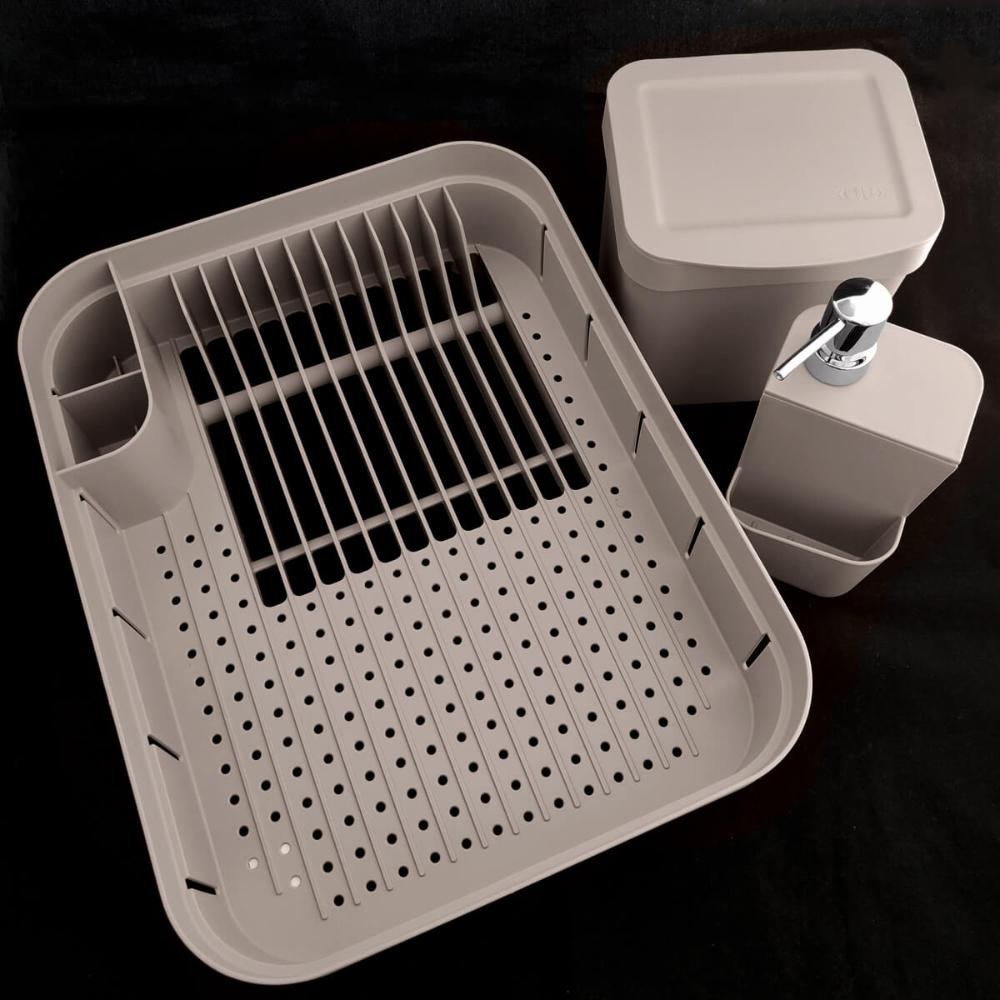 Kit Pia Cozinha Escorredor Pratos Lixeira 2,5L Porta Detergente Bege