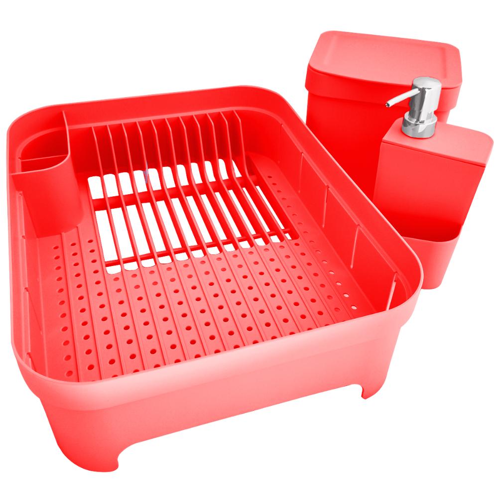 Kit Pia Cozinha Escorredor Pratos Lixeira 2,5L Porta Detergente Vermelho