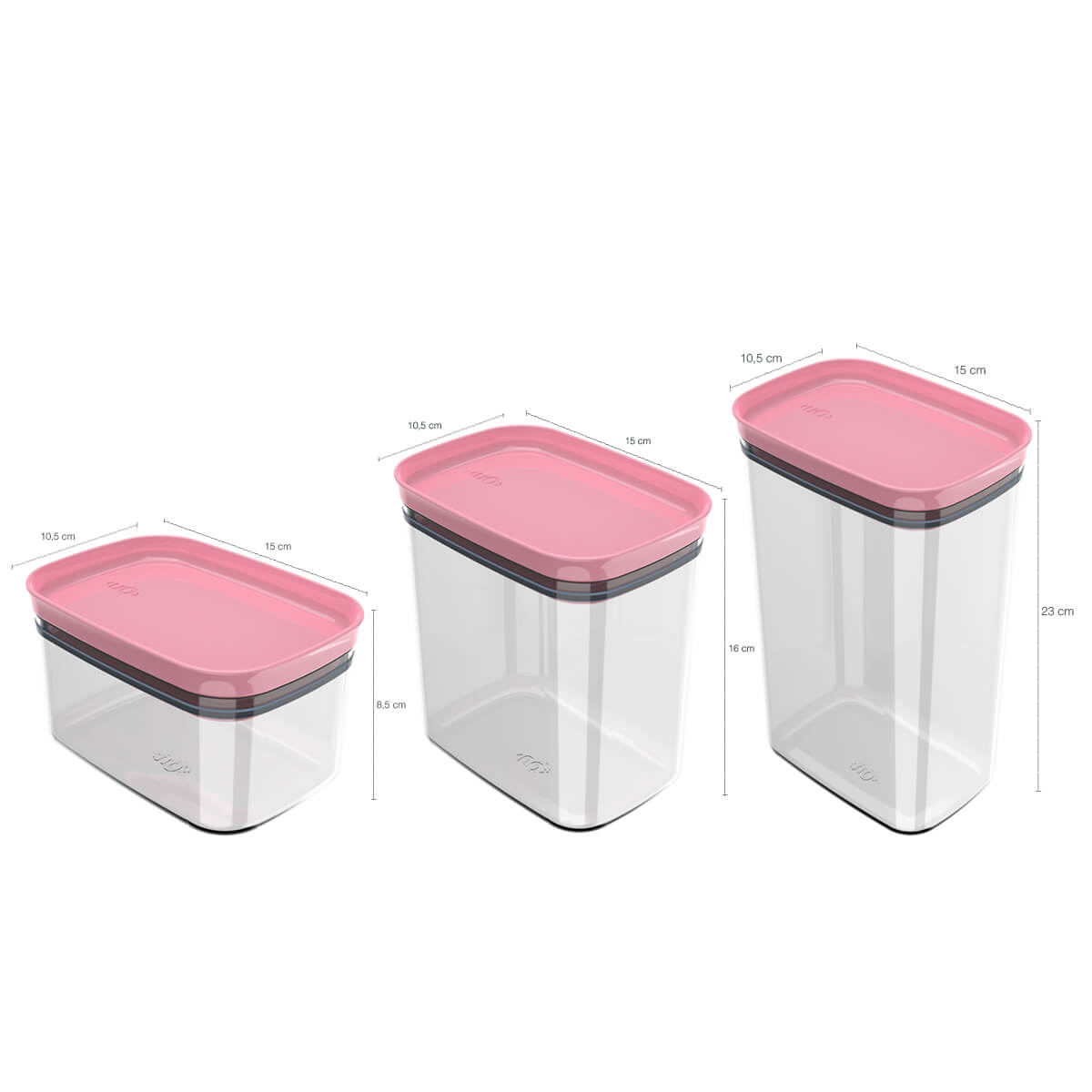 Kit Potes Herméticos Retangulares 0,65L 1,5L e 2,3L Porta Mantimentos com Tampa Rosa Quartzo