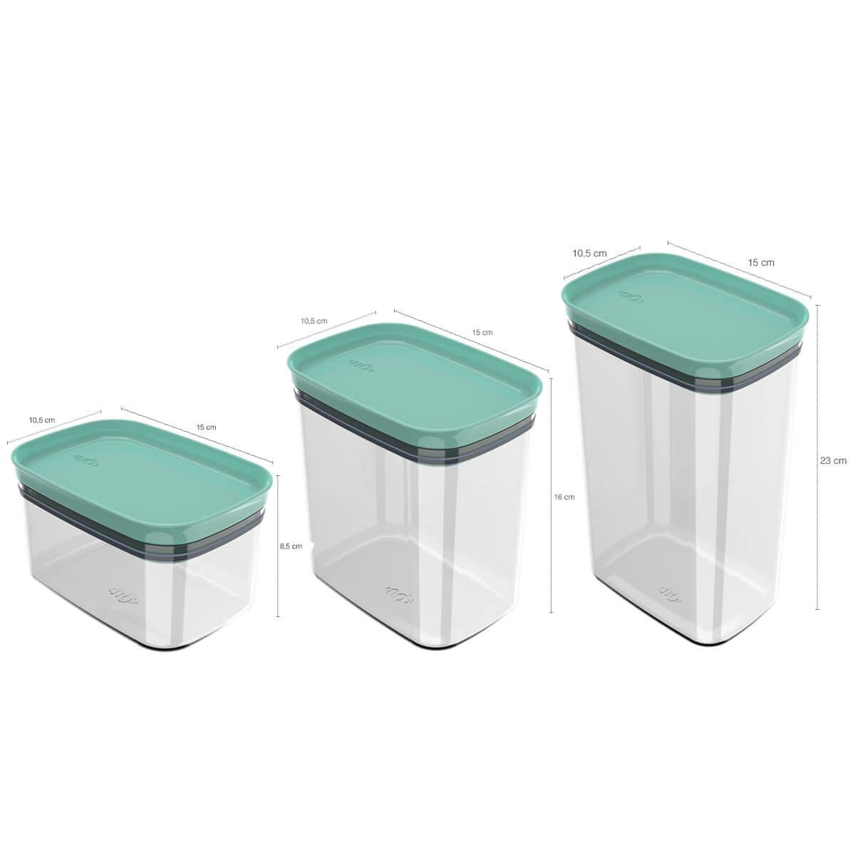 Kit Potes Herméticos Retangulares 0,65L 1,5L e 2,3L Porta Mantimentos com Tampa Verde Menta