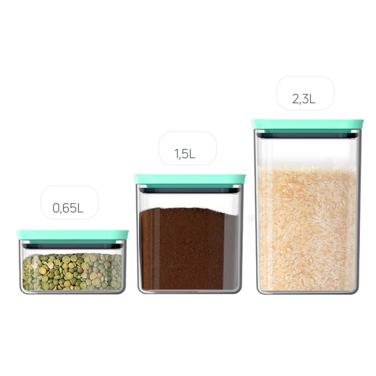 Kit Potes Herméticos Retangulares 0,65L 1,5L e 2,3L Porta Mantimentos com Tampa Verde Menta
