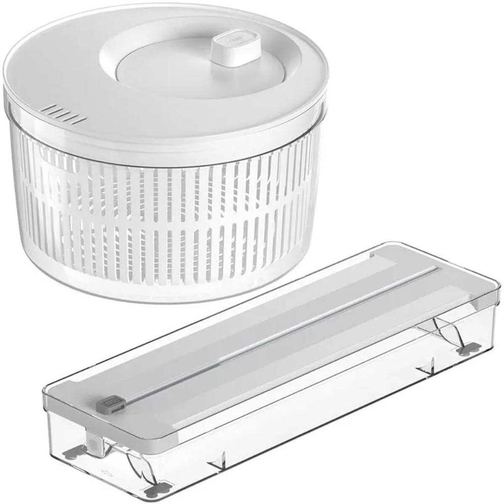 Kit Secador de Saladas 5,5L e Organizador Cortador de Rolos Duplo Branco Clear Fresh Ou