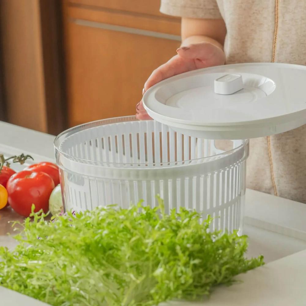 Kit Secador de Saladas 5,5L e Organizador Cortador de Rolos Duplo Branco Clear Fresh Ou