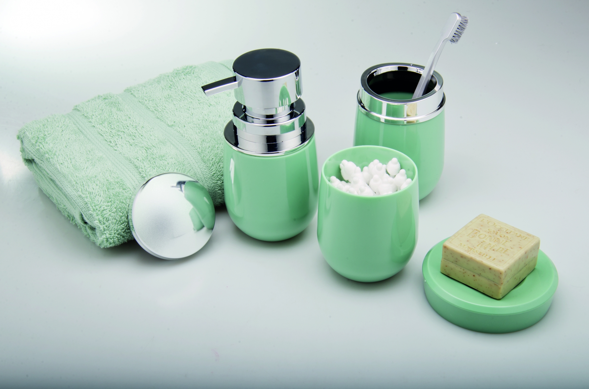 Kit banheiro lavabo Verde menta 4 peças OU acessorios porta sabonete liquido, suporte escova dental, porta cotonete ou algodao, porta sabonete em barra