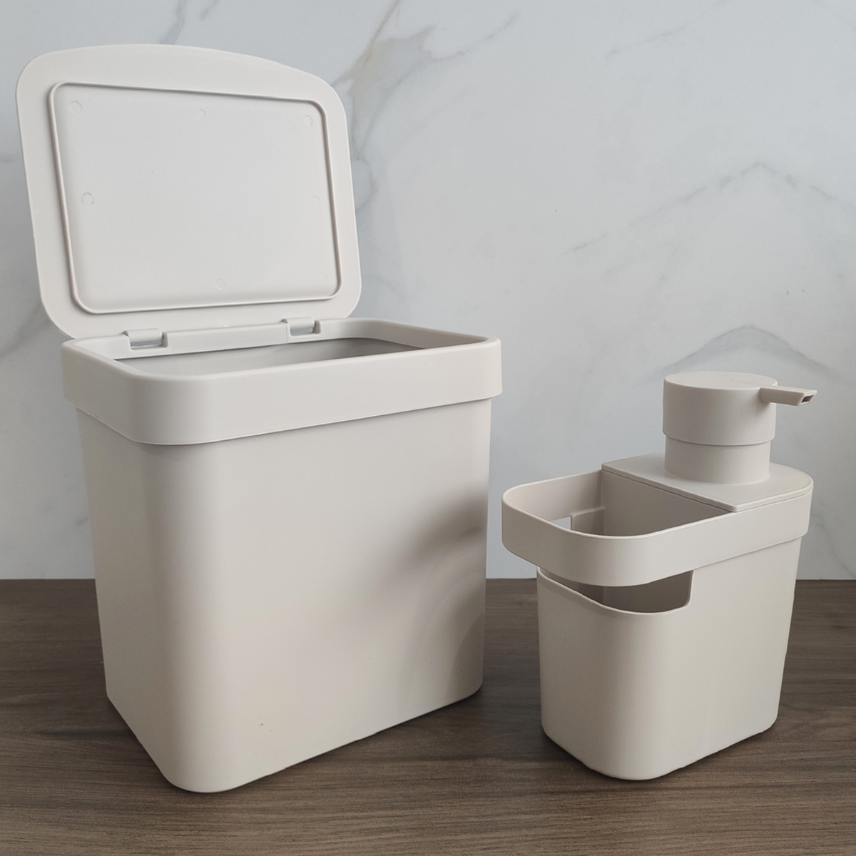 Lixeira Para Pia De Cozinha 4,7L E Dispenser Porta Detergente E Organizador 650ml Bege OU