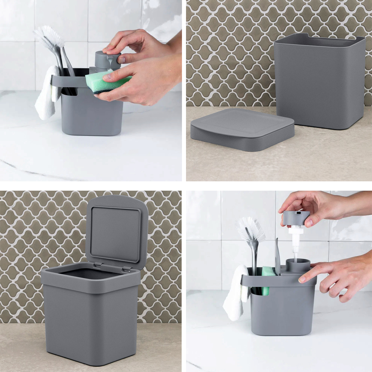 Lixeira Para Pia De Cozinha 4,7L E Dispenser Porta Detergente E Organizador 650ml Chumbo OU