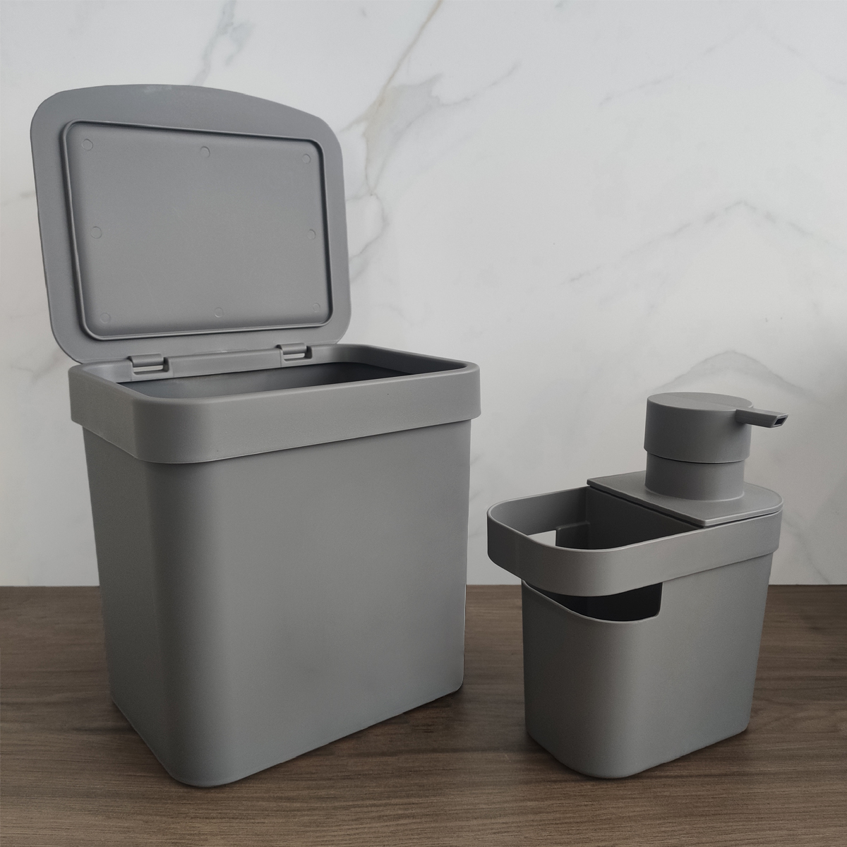 Lixeira Para Pia De Cozinha 4,7L E Dispenser Porta Detergente E Organizador 650ml Chumbo OU