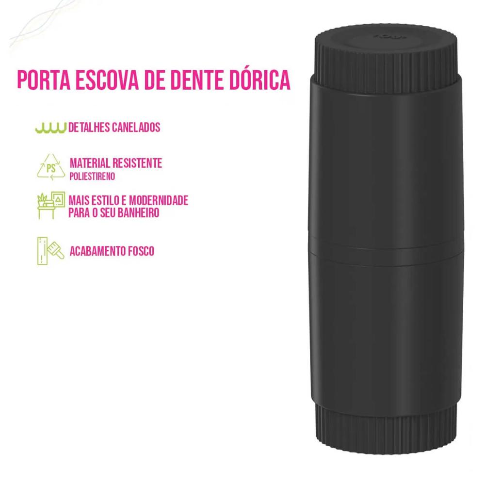Porta Escova de Dentes com Tampa Dórica Preto Fosco para Banheiro Lavabo Pia Ou