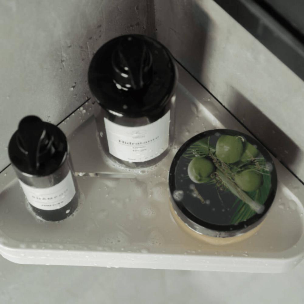 Porta Shampoo Cantoneira Banheiro Bege 33x24cm Ganchos Adesivo Eleve Ou