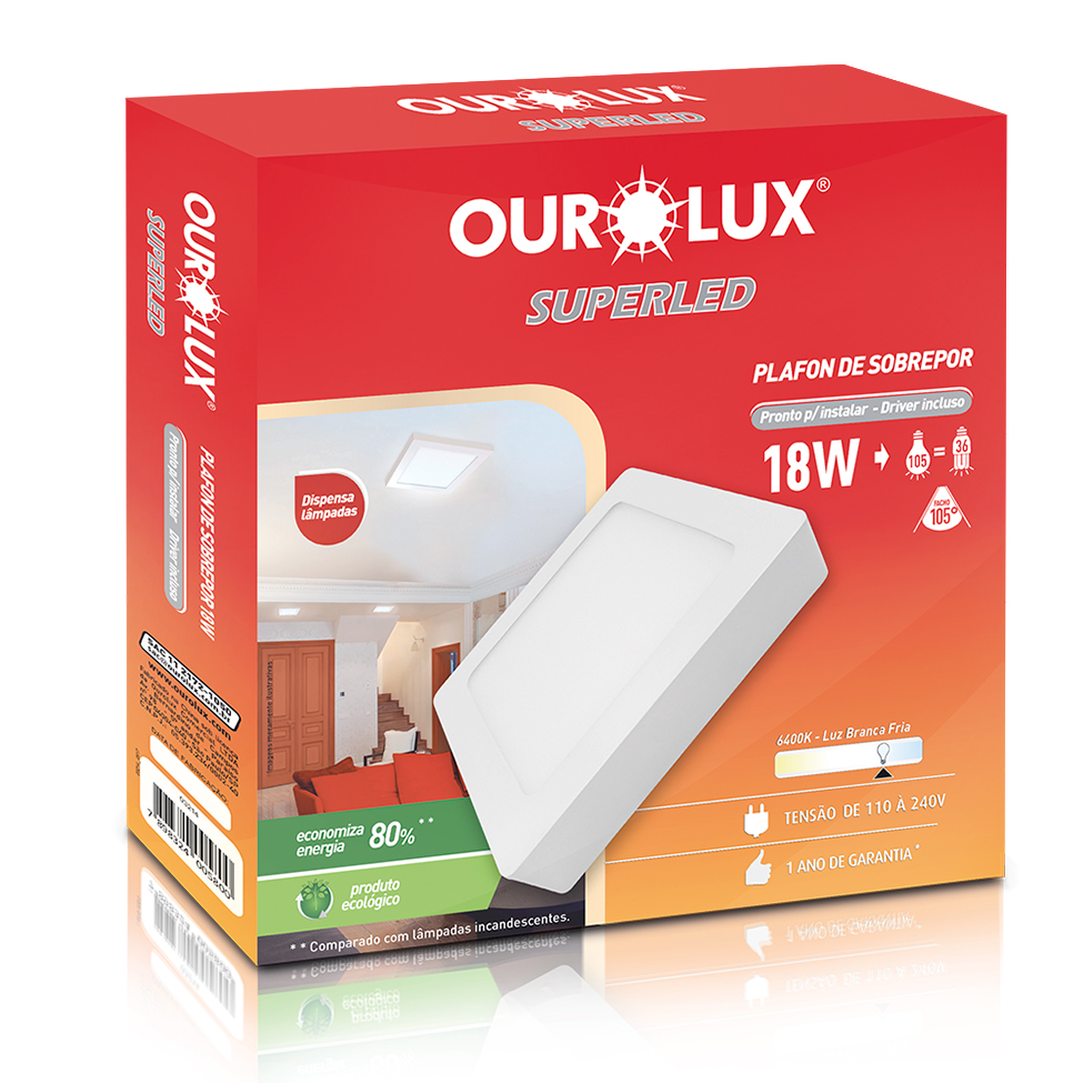 Plafon Quadrado Sobrepor Branco (6400 K 18W)