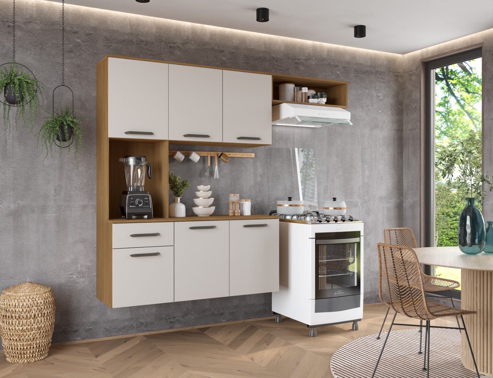 Armário Multiuso Freijo Off Para Cozinha Moderno Suspenso Com 6 Portas 1 Gaveta Espaçoso Gi