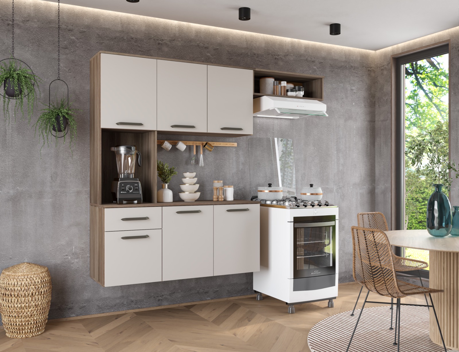 Armário Multiuso Naturale Off Para Cozinha Moderno Suspenso Com 6 Portas 1 Gaveta Espaçoso Gi