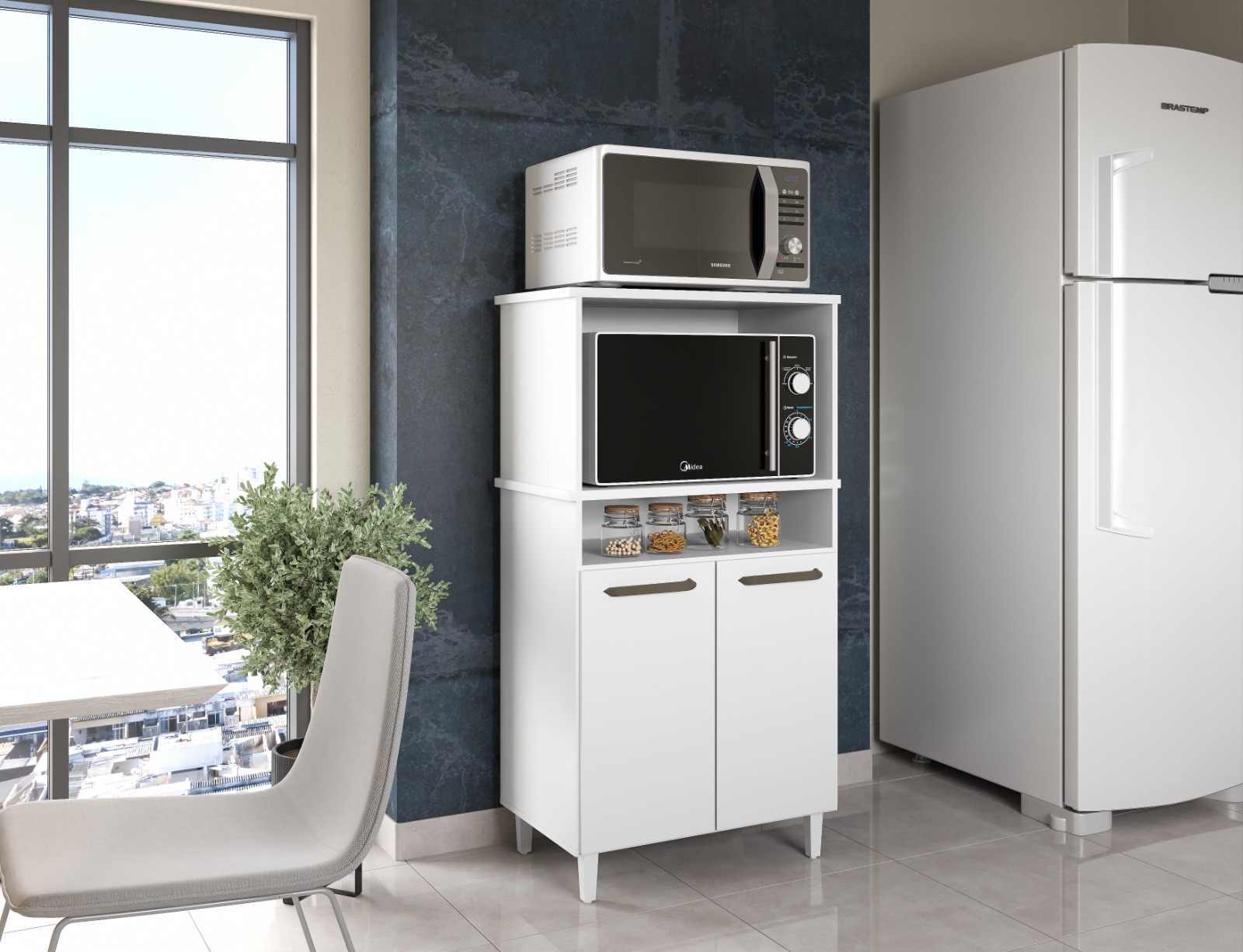 Balcão Armário Branco Multifuncional Para Cozinha Espaçoso Com Pés Moderno Np