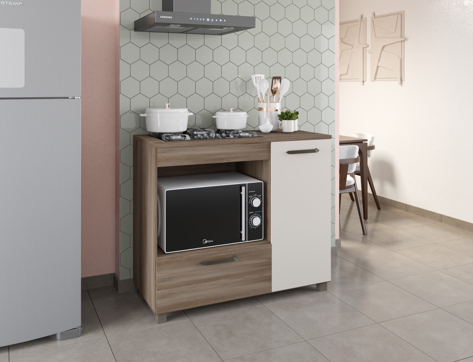 Balcão Armario Off White Para Cooktop 4 Bocas Moderno Espaçoso com Gavetas Mp