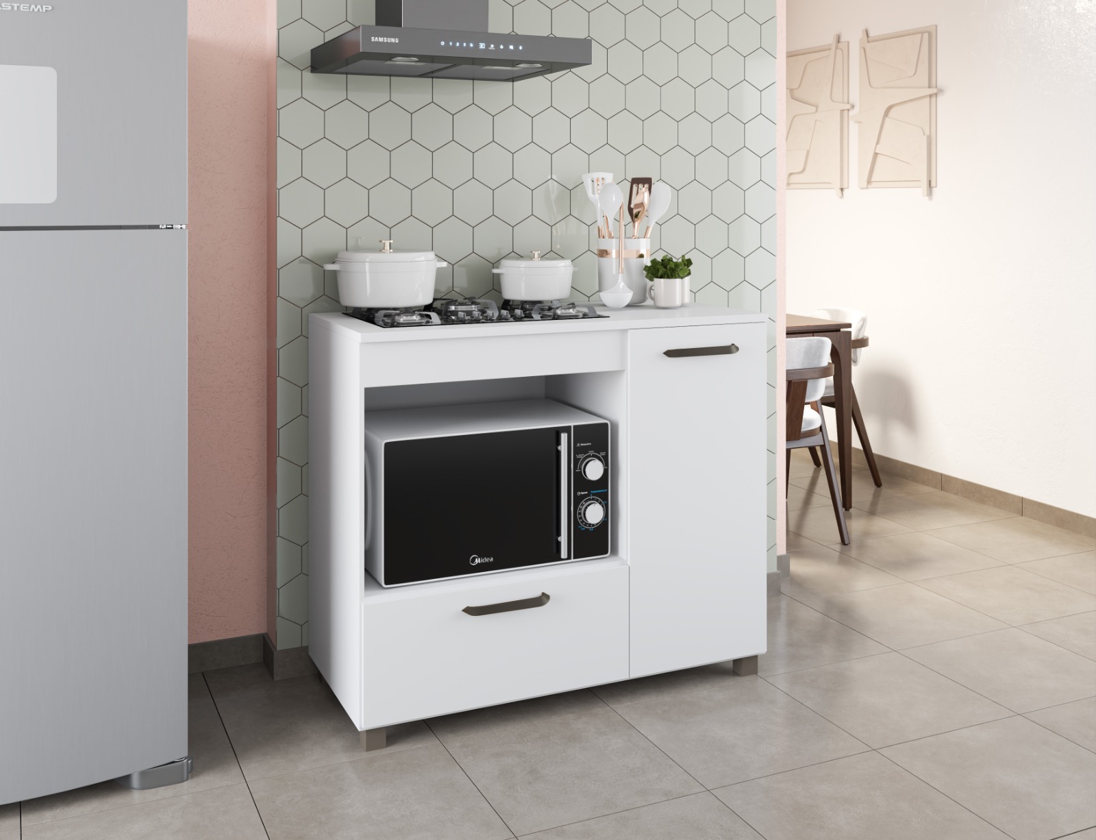 Balcão Branco Para Cooktop de 4 bocas Com Espaço Para Forno Com Porta Mp