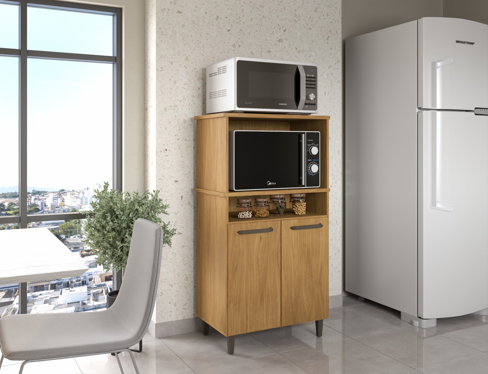 Balcão Freijo Para Forno E Micro-ondas Com 02 Portas Espaçoso Moderno Np