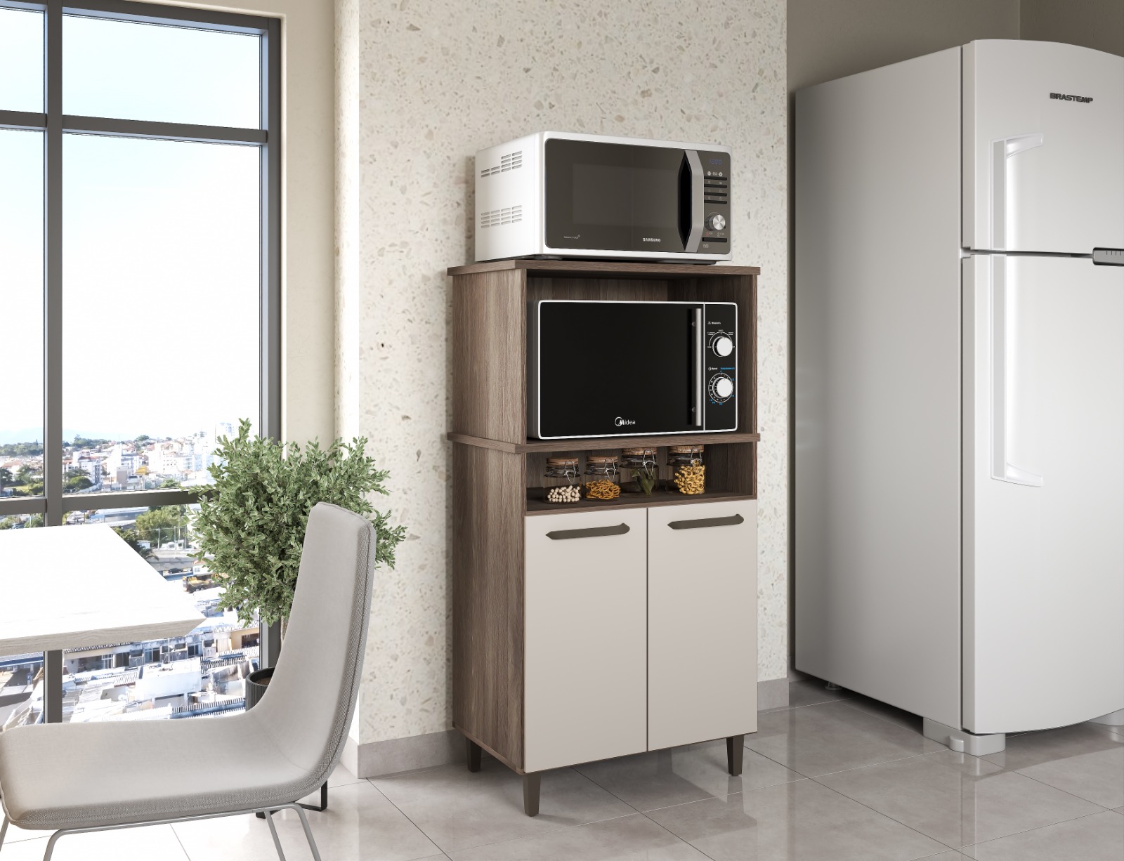 Balcão Off White Para Forno E Micro-ondas Com 02 Portas Espaçoso Moderno Np