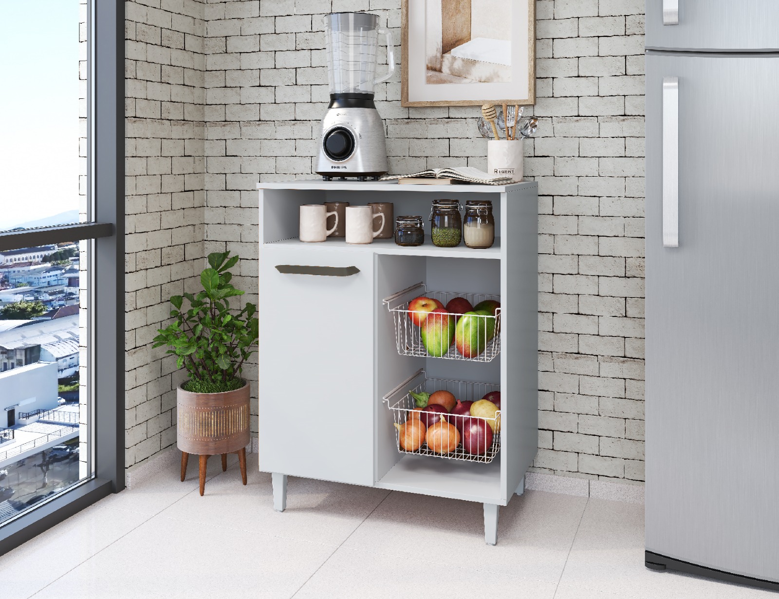 Fruteira Armário Branco Multiuso Moderno Com porta Com Espaço Para Microondas Fp