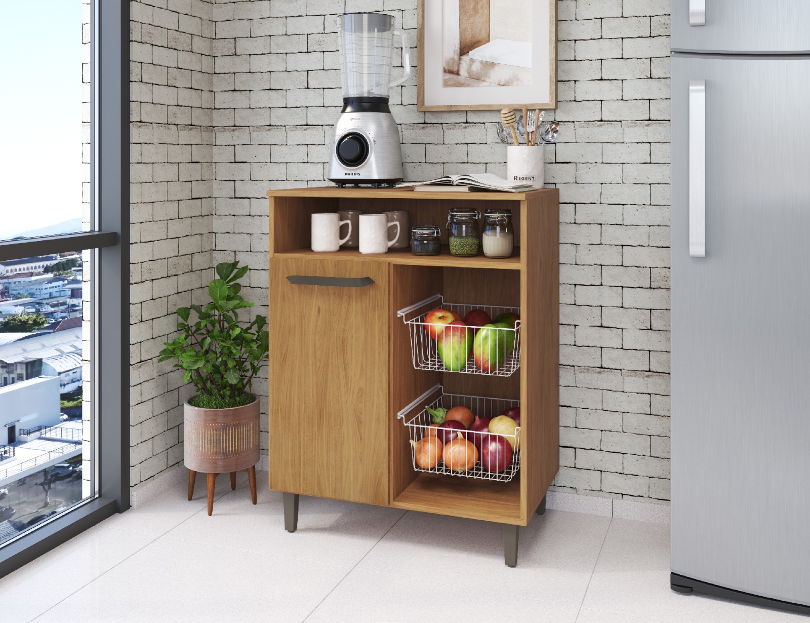 Fruteira Armário Freijo Multiuso Moderno Com porta Com Espaço Para Microondas Fp