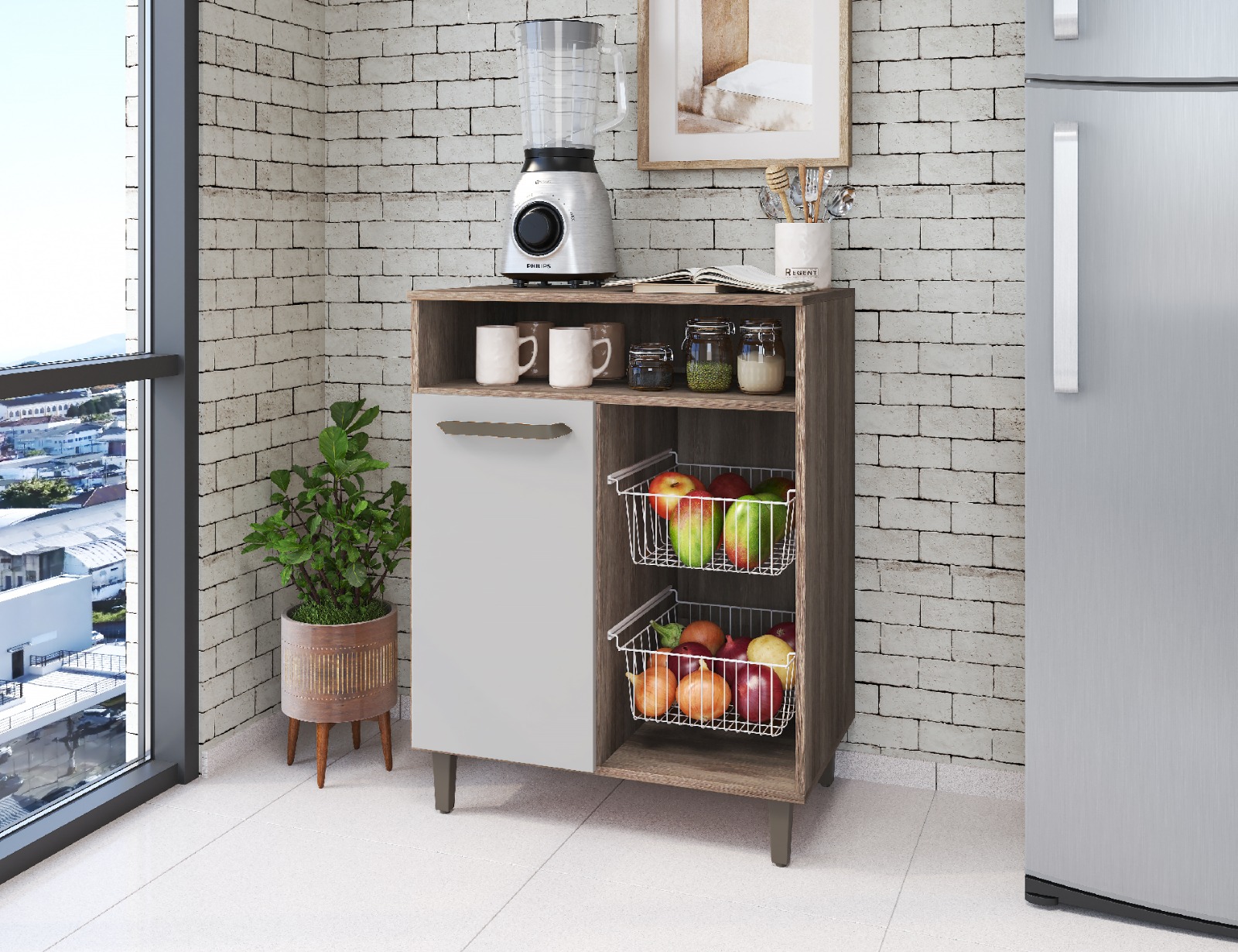 Fruteira Armário Off White Multiuso Moderno Com porta Com Espaço Para Microondas Fp