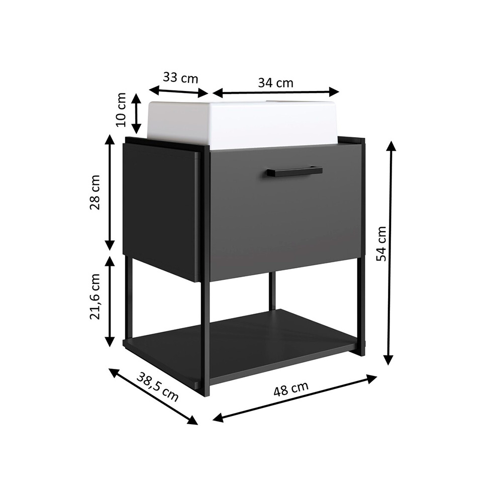 Gabinete Suspenso com Cuba Angel 1 PT Preto e Grafite 50 cm