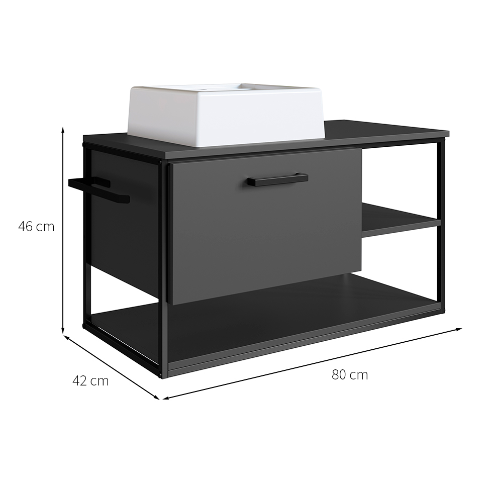 Gabinete Suspenso com Cuba Angel 1 PT Preto e Grafite 80 cm