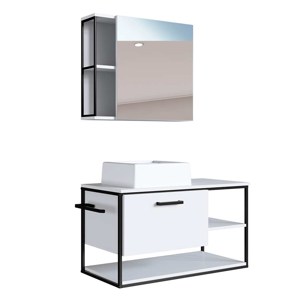 Gabinete Suspenso com Espelheira e Cuba Angel 2 PT Preto e Branco