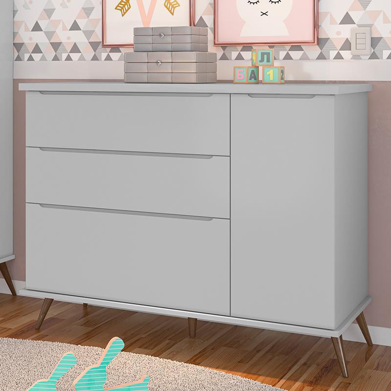 Cômoda Infantil Retrô Alice 1 Porta e 3 Gavetas Cinza - PR Baby