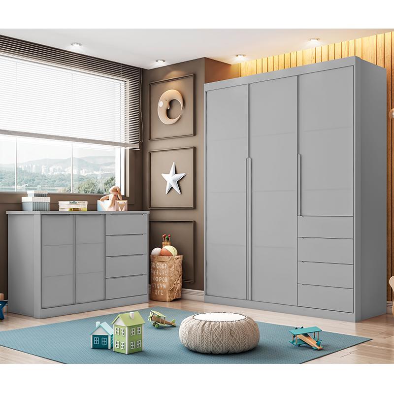 Jogo de Quarto Infantil Pietra com Guarda Roupa e Cômoda Cinza - PR Baby 