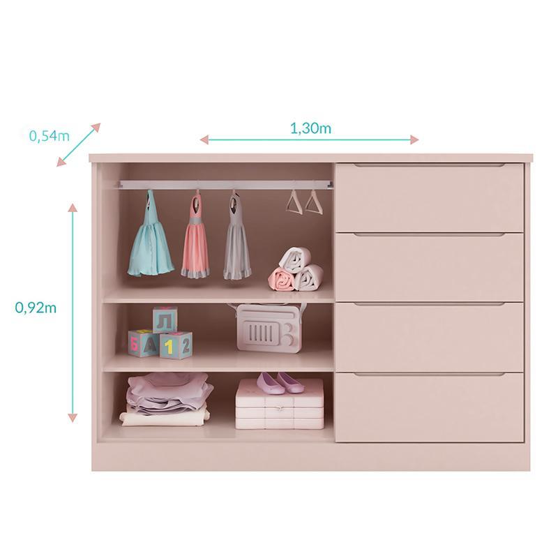 Jogo de Quarto Infantil Pietra com Guarda Roupa e Cômoda Rosê - PR Baby