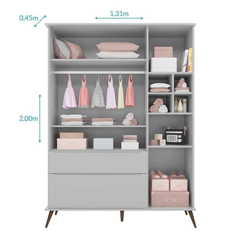 Jogo de Quarto Infantil Retrô Alice Guarda Roupa e Cômoda com Porta Cinza - PR Baby