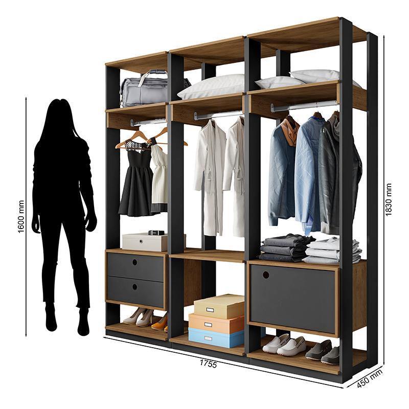 Guarda Roupa Modulado Closet Completo Titan Preto Velluto/Freijó - PR Móveis