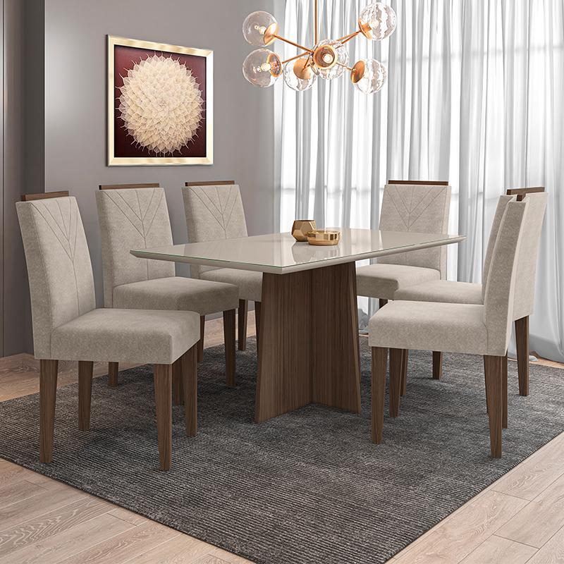 Mesa de Jantar Ana 160x90 com 6 Cadeiras Amanda Imbuia/Off White/Bege - PR Móveis  
