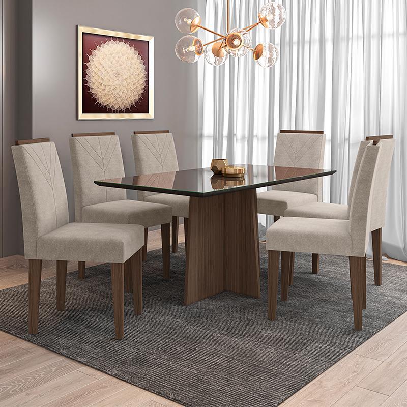 Mesa de Jantar Ana 160x90 com 6 Cadeiras Amanda Imbuia/Preto/Bege - PR Móveis 