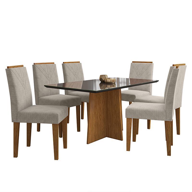 Mesa de Jantar Ana 160x90 com 6 Cadeiras Amanda Ipê/Preto/Bege - PR Móveis 
