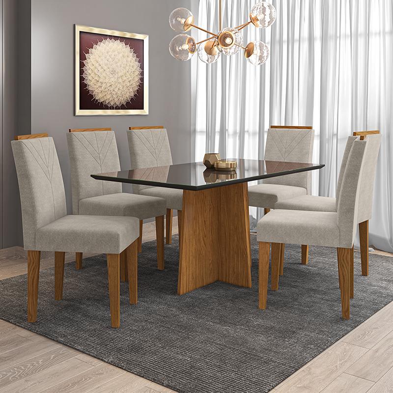 Mesa de Jantar Ana 160x90 com 6 Cadeiras Amanda Ipê/Preto/Bege - PR Móveis 