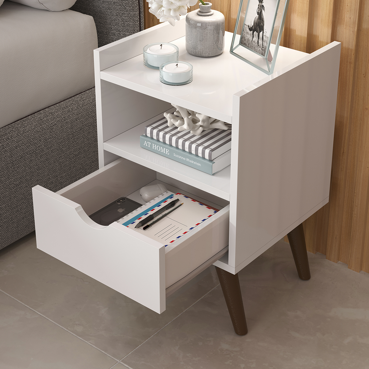 Mesa De Cabeceira Estilo Retrô Alice Para Quarto Branco Prado Moveis