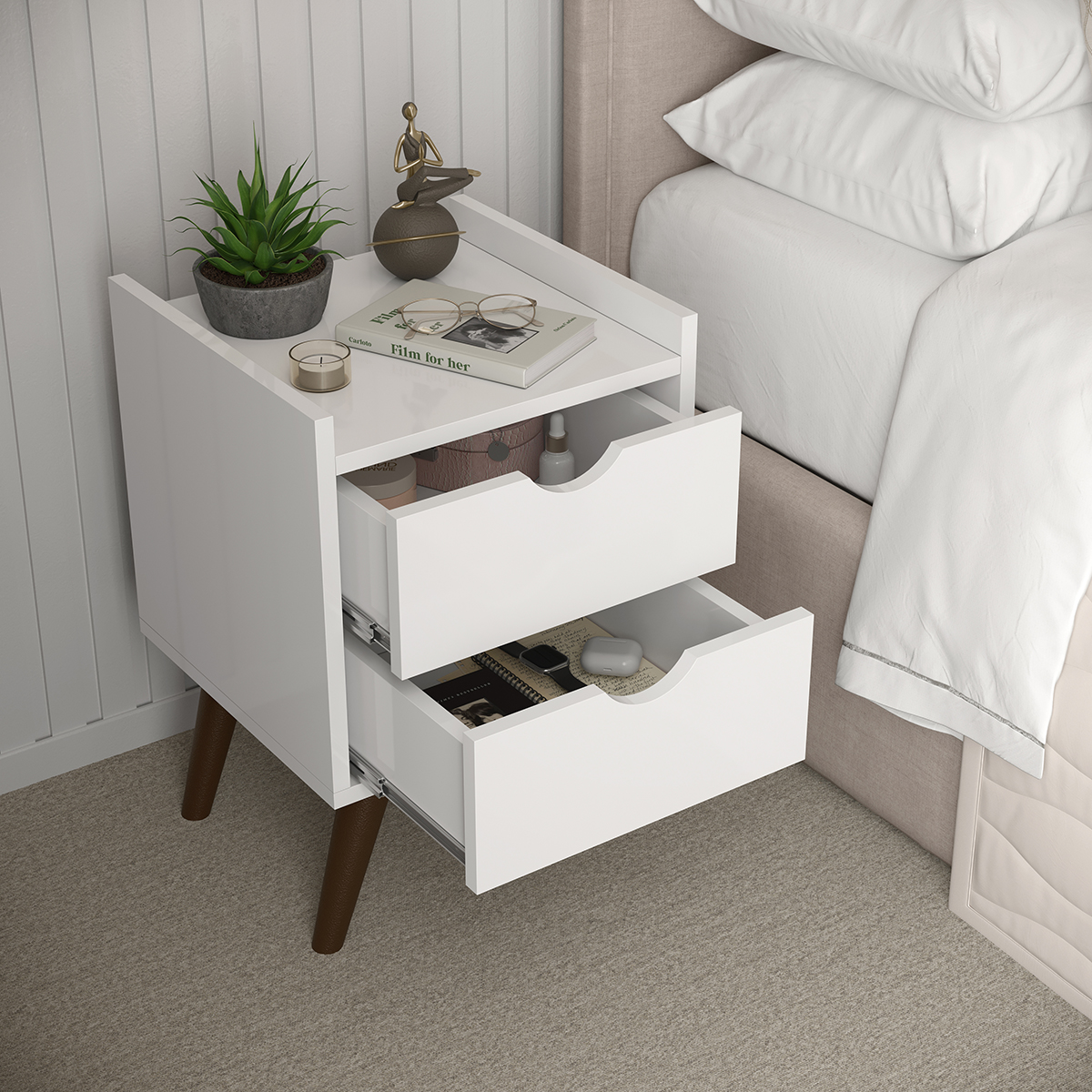 Mesa De Cabeceira Retrô Fantasy Para Quarto Com Prateleira Acabamento Brilhante Cor Branco