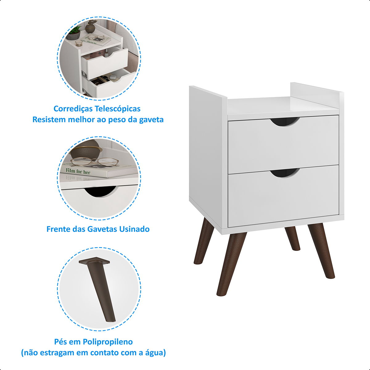 Mesa De Cabeceira Retrô Fantasy Para Quarto Com Prateleira Acabamento Brilhante Cor Branco