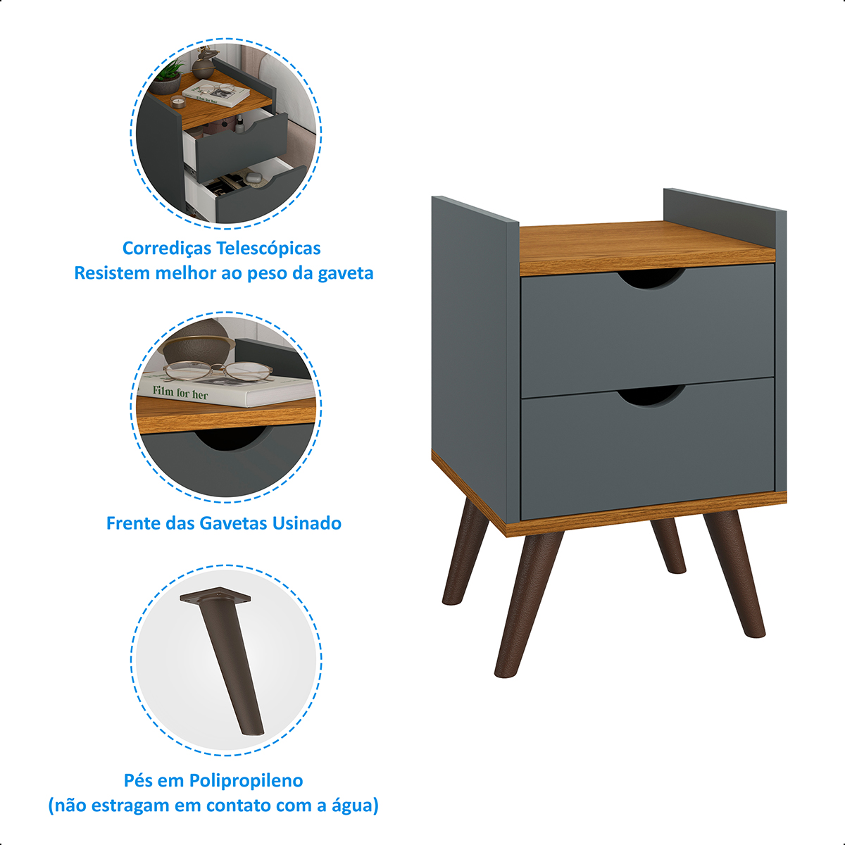 Mesa De Cabeceira Retrô Fantasy Para Quarto Com Prateleira Acabamento Brilhante Cor Cinza