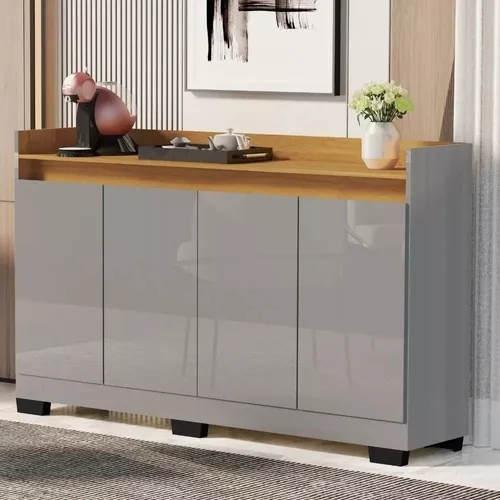 Aparador Buffet Cinza Espaçoso Moderno Com 4 Portas Para Sala Escritório Rl 