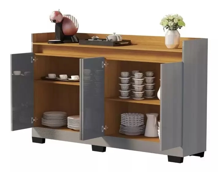 Aparador Buffet Cinza Espaçoso Moderno Com 4 Portas Para Sala Escritório Rl 