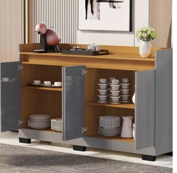 Aparador Buffet Cinza Espaçoso Moderno Com 4 Portas Para Sala Escritório Rl 