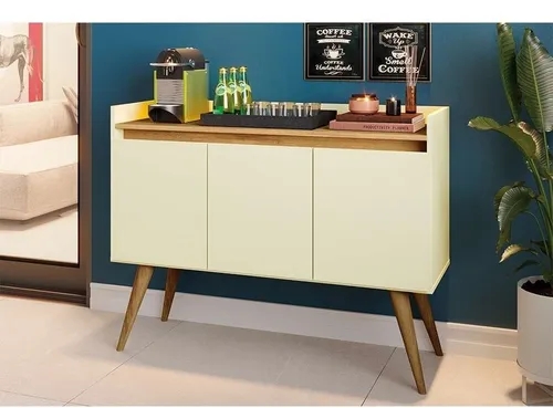 Aparador Buffet Retro Off White Com 3 Portas Com Pés 1,10x0,81 para Sala De Estar Jantar Luxo Gd