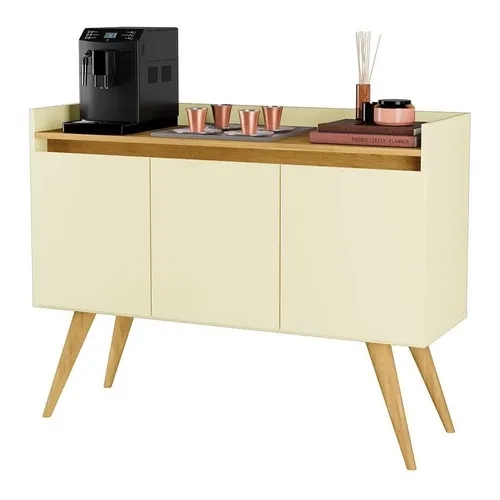 Aparador Buffet Retro Off White Com 3 Portas Com Pés 1,10x0,81 para Sala De Estar Jantar Luxo Gd