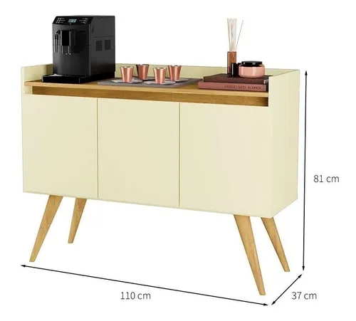 Aparador Buffet Retro Off White Com 3 Portas Com Pés 1,10x0,81 para Sala De Estar Jantar Luxo Gd