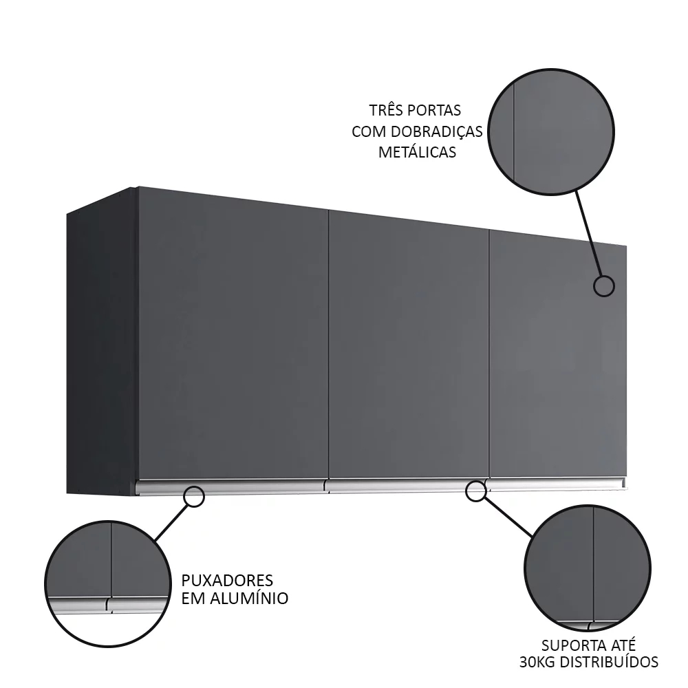 Armário Aéreo 3 Portas 120cm Debora Cinza - Pallazio